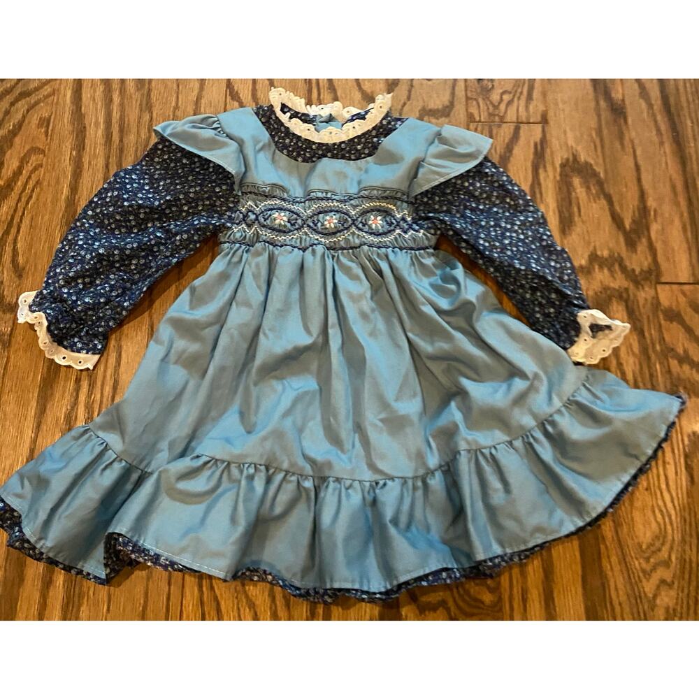 Vtg 70s Polly Flinders Girl Hand Smocked Floral Bib‎ Dress Sz 2T Cottage Prairie